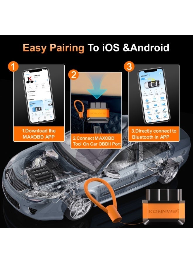 Konnwei ماسح OBD2 بلوتوث 5.2، أداة تشخيص السيارات اللاسلكية Fixd، تعمل مع iOS/Android، قارئ رموز محرك السيارة، مسح رمز الخطأ، اختبار الأداء، مناسبة لـ 99% من السيارات - Image 3